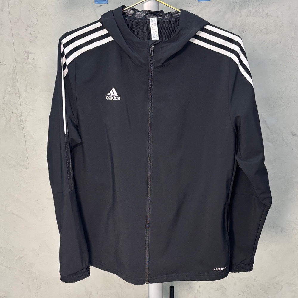 Adidas Men's Black Windbreaker with White Stripes